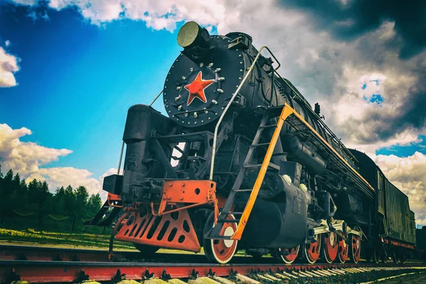 Vintage Steam Train Rails Close Retro Vehicle Steam Engine Toned — Stock Photo, Image