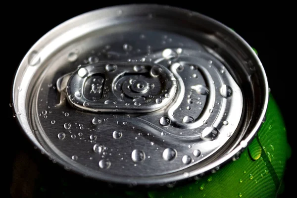 Aluminum Soda Beer Beverage Can Water Droplets Isolated Dark Background — 스톡 사진