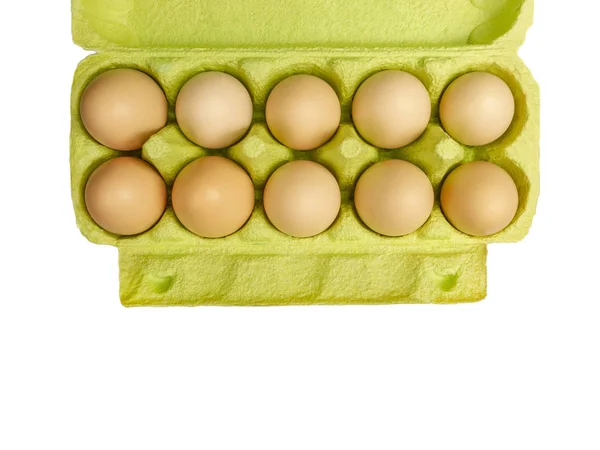 Куриные Яйца Крупным Планом Изолированы Белом Фоне Картонной Коробке Транспортировки — стоковое фото