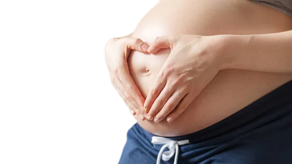 Zwangere Vrouw Aanstaande Moeder Witte Achtergrond Close Van Zwangere Buik — Stockfoto