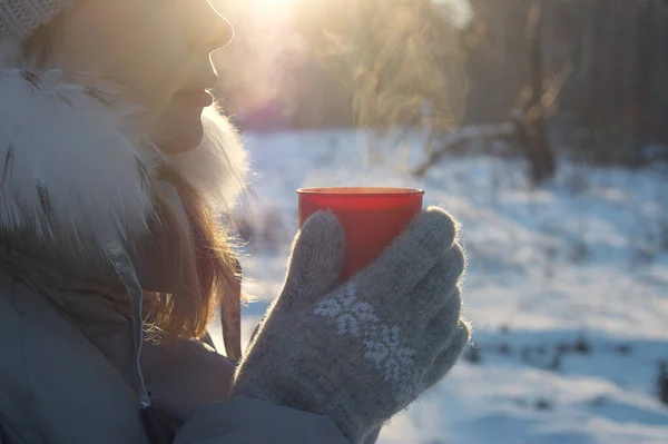 Young Girl Mug Hot Drink Sunny Frosty Day Picnic Forest — Stock Photo, Image