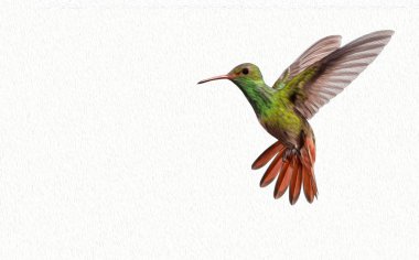  Uçuştaki renkli sinekkuşu metin için yeri olan beyaz arkaplanda izole edildi