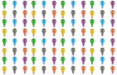  Beyaz arkaplanda izole edilmiş bir sürü parlak renkli ampul 