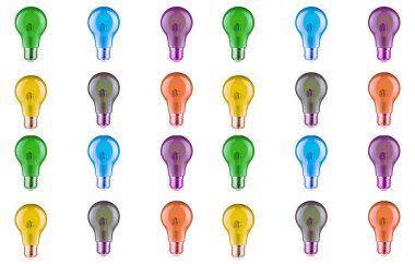  Beyaz arkaplanda izole edilmiş bir sürü parlak renkli ampul 