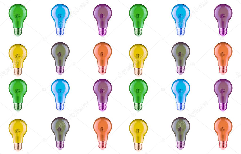  lots of bright colored light bulbs isolated on white background 