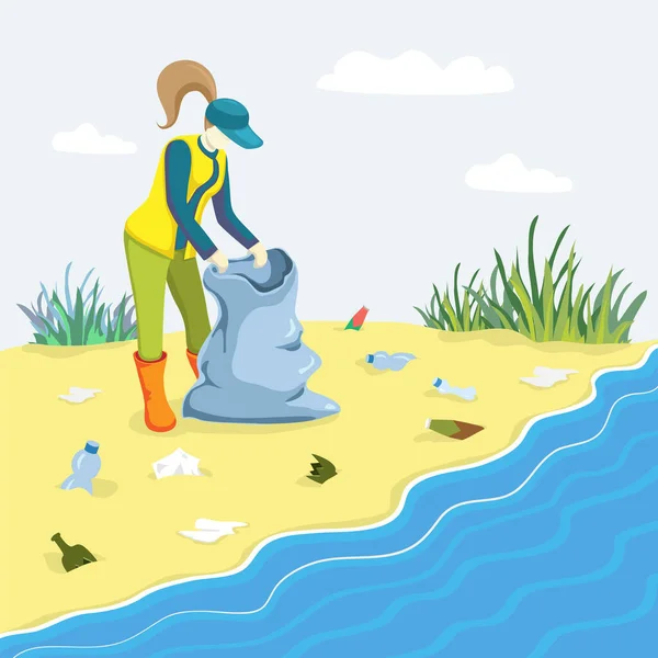Illustratie van jonge vrouw oppakken van afval plastic en schoonmaken strand met vuilniszak. Vrouw vrijwilliger schone zandkust van vuilnis en zorgen voor de planeet. Vrijwilligerswerk en Save world-concept — Stockfoto