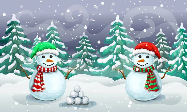 Kerst besneeuwde scène met een paar sneeuwpoppen in kerstmannen hoeden. Kerstkaart sjabloon of banner. winterbos landschap met glimlachende sneeuwpoppen en vallende sneeuw. wonderland magie nacht achtergrond. — Stockfoto