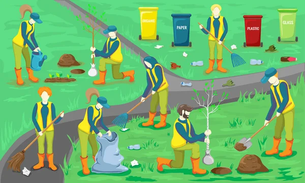 Equipo voluntario de jóvenes barriendo, limpiando basura, plantando árboles y regando brotes en el parque de la ciudad. Estilo de vida ecológico. vector ilustración plana. la gente cuida el planeta y el medio ambiente — Archivo Imágenes Vectoriales