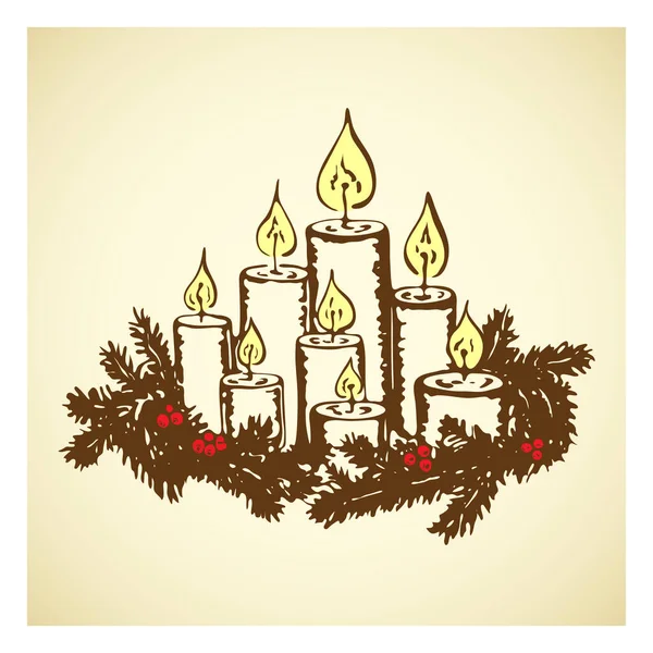 Velas encendidas vintage dibujadas a mano con corona de árbol de Navidad. Linda decoración de vacaciones grabada para la tarjeta de felicitación de Feliz Navidad. Feliz año nuevo símbolo. Ilustración vectorial de vela en estilo rústico — Vector de stock