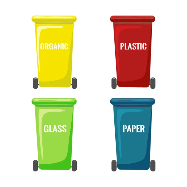 Platte prullenbak collectie geïsoleerd op witte achtergrond. Wielblikjes voor gescheiden afvalinzameling. gekleurde containers voor verschillende soorten afval. iconen van recycling- en gebruiksapparatuur — Stockfoto