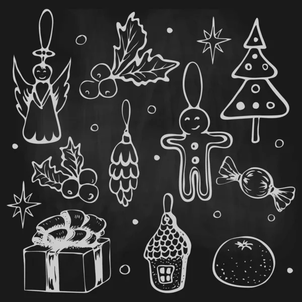 Мелом нарисованы векторные рождественские каракули клипарт набор изолирован на носилках. Xmas или новый год наброски иконок. Винтажная иллюстрация зимних праздников Декоративные элементы Giftbox Холли елка ангел — стоковый вектор