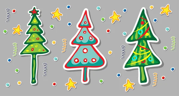 Vintage handgezeichnete Weihnachtssticker Sammlung von dekorativen Tannenbäumen. Kiefernillustration. Weihnachtskritzelset Fichte. Neujahrsikonen isoliert. Elemente der Wintersaison eignen sich hervorragend für die Feriendekoration — Stockfoto