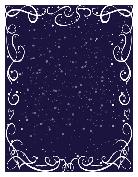 Inverno férias floco de neve fundo. vintage curly moldura ornamentada no fundo nevado azul escuro. Feliz Natal modelo de cartão de saudação com lugar para texto. Feliz Natal banner vazio ou padrão de cartaz —  Vetores de Stock