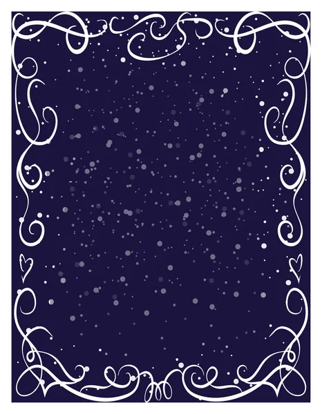 Vacaciones de invierno fondo copo de nieve. marco adornado rizado vintage sobre fondo nevado azul oscuro. Feliz Navidad plantilla de tarjeta de felicitación con lugar para el texto. Feliz Navidad banner vacío o patrón de cartel — Foto de Stock