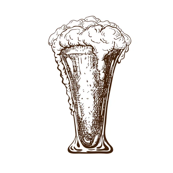 Vector hand drawn tall beer glass full of cool beer with foam. Beautiful vintage beer mug or pilsner with dropping froth isolated on white background. Alcoholic beverage in glassware. ink drawn style. — Stock Vector
