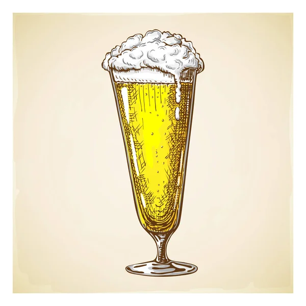 Vettoriale mano disegnato bicchiere di birra alta pieno di birra di grano con schiuma. Bella tazza di birra vintage o pilsner con schiuma caduta isolato su sfondo grunge testurizzato. Bevanda alcolica gialla in vetreria — Vettoriale Stock