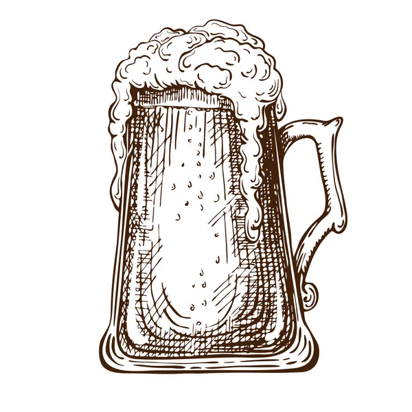 Vektör el, köpüklü buğday birası dolu geleneksel bira bardağını çizdi. Beyaz arka planda izole edilmiş köpüklü güzel bir bira bardağı ya da tankard. Bardakta alkollü içecek. — Stok Vektör