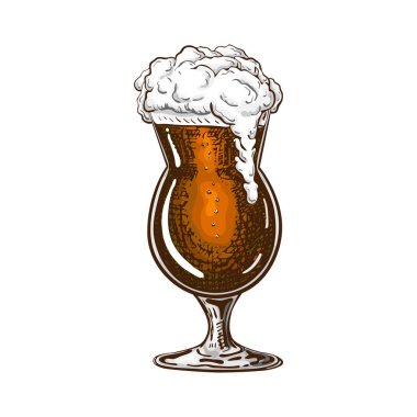 vector hand drawn tulip beer glass full of dark beer with liquid foam. Beautiful vintage beer mug or snifter with dropping froth isolated on white background. Alcoholic brown beverage in glassware. clipart
