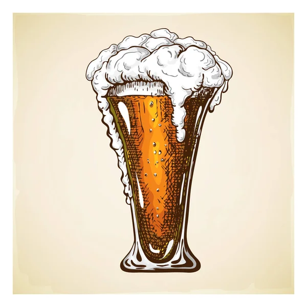 Vektör el, bira bardağını sıvı köpükle doldurdu. Grunge desenli arka planda izole edilmiş köpüklü güzel bir bira kupası. Bardakta alkollü kahverengi içecek. — Stok Vektör