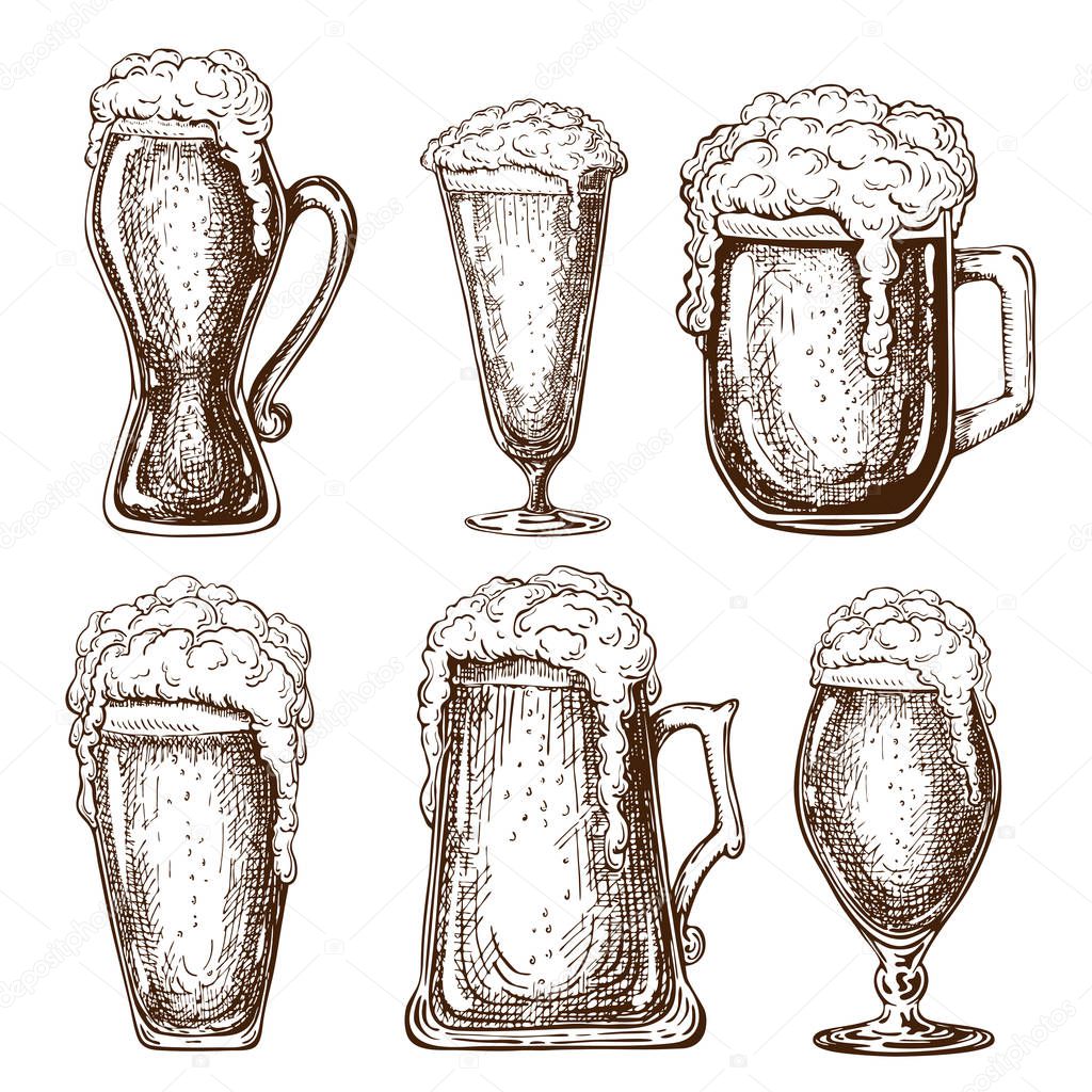 Vector hand drawn full beer glasses with dropping froth. beer mugs illustration in vintage style isolated on white background. various types of beer pints. Great for poster, pub, label, menu design.