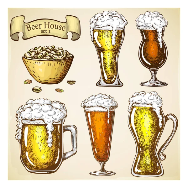 Birra disegnata a mano con spuntino isolato su sfondo grunge. vari tipi di bicchieri di birra in stile vintage. Tazze di birra con schiuma gocciolante liquida e pistacchi. birra artigianale, cibo e antipasto al bar — Vettoriale Stock