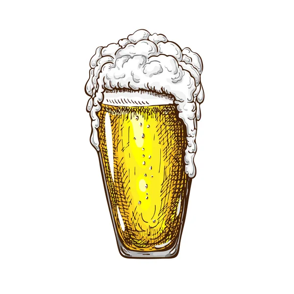 Vector hand getrokken hoog bierglas vol tarwebier met schuim. Mooie vintage bier mok of pilsner met vallende schuim geïsoleerd op grunge textuur achtergrond. Alcoholhoudende gele drank in glaswerk — Stockvector