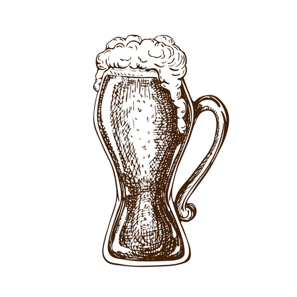 Vektör el, bira dolu köpüklü bira bardağı çizdi. Güzel bir bira bardağı ya da beyaz arka planda köpüren bir bardak. Bardakta alkollü içecek.. — Stok Vektör