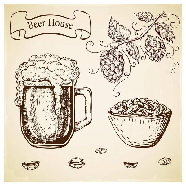 Hand drawn etched beer glass and pistachios in bowl isolated. set of pub or oktoberfest elements in vintage style. Beer mug with froth and pistachios, hop branch. craft beer, food and appetizer in bar — 스톡 벡터