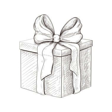 Klasik hediye kutusu çizimi. Beyaz arkaplana oymalı mevcut çizim izole edildi. Yay ve kurdeleli mevcut kutu simgesi. Paketlenmiş hediye taslağı. Vektör monokrom çizgi sanatı. Kutunun silueti