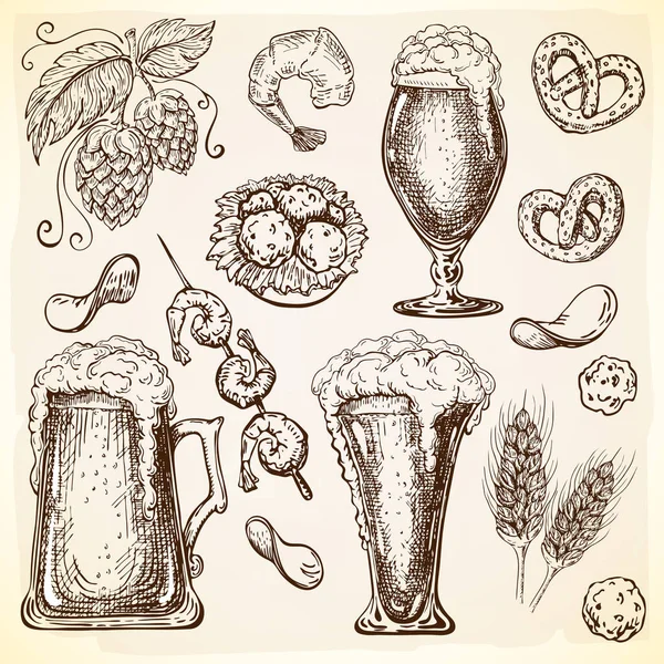 Various beer mugs with beer ingredients and snacks like chips, nuts, cheese balls, onion rings in engraved vintage style. Oktoberfest vector set. Hand drawn brewery or pub design elements for decor. — 스톡 벡터