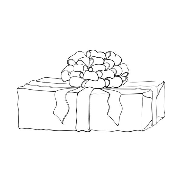 Όμορφη χειροποίητη συσκευασία δώρου που απομονώνεται σε λευκό φόντο. Γραμμή ζωγραφισμένη παρούσα εικόνα με πλούσιο φιόγκο και κορδέλα. τυλιγμένο δώρο εικονογράφηση σκίτσο. Διάνυσμα ασπρόμαυρη γραμμή τέχνης. Σιλουέτα κουτιού. — Διανυσματικό Αρχείο