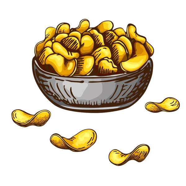 Hand drawn fresh fried heap of potato chips in bowl isolated on white background. vector engraved sketch of crisp snack. Vintage illustration of crunchy delicious potato crisps slices. bar food fried — 스톡 벡터