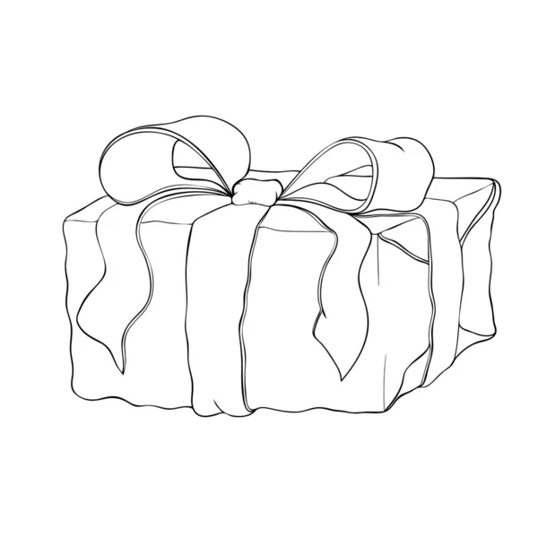 Hermosa caja de regalo dibujada a mano aislada sobre fondo blanco. Línea dibujada icono actual con arco exuberante y cinta. ilustración de boceto de regalo envuelto. Vector de línea en blanco y negro art. Silueta de caja . — Vector de stock