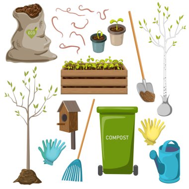 vector garden tools icon set isolated on white background. garden items collection for spring or summer seasonal work like tree and seedling planting, backyard cleaning, composting, organic gardening clipart