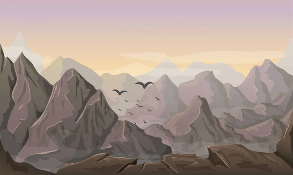 Vektor Berglandschaft Illustration. schöne horizontale Natur Hintergrund mit Hügeln und Gipfeln bei lebendigem Sonnenuntergang. Felsen und Himmel bei Sonnenaufgang mit Nebel, Wolken und fliegenden Vögeln. Outdoor-Reiseszene. — Stockvektor