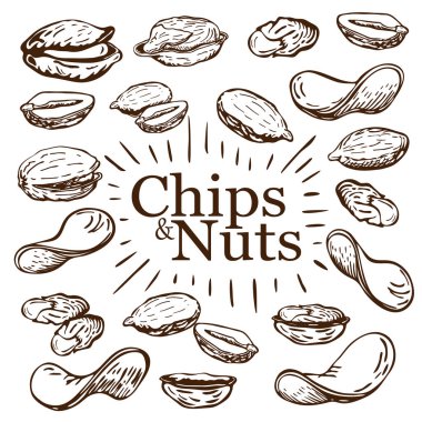 hand drawn nuts and fried potato chips collection isolated on white background. snack set in engraved vintage style. Sketch illustration of beer appetizer. peanuts, pistachio and potato crisps doodles clipart
