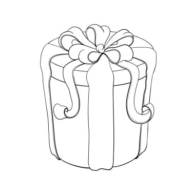 Klasik yuvarlak hediye kutusu çizimi. Beyaz arkaplanda izole edilmiş taslak çember karton sunumu. Mevcut kutu simgesi kurdele ve fiyonkla bağlanmış. Vektör çizgisi çizimi. Retro kutu silueti