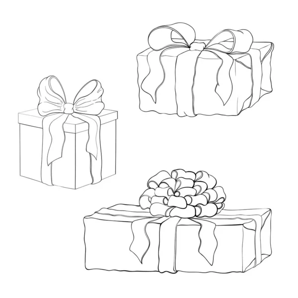 手绘古董礼品盒收藏 孤立的礼物的线条画图 用彩带和蝴蝶结捆扎的礼物盒的图标集 包装礼物的草图 矢量线艺术 — 图库矢量图片