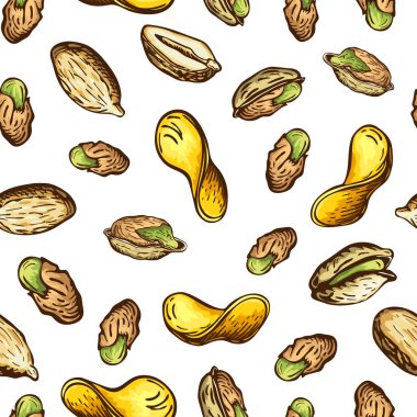 Beyaz üzerine izole edilmiş fındık ve kızarmış patates cipsi deseni. Klasik tarzda parlak atıştırmalık arka planı. Bira aperatiflerinin çizimi. Fıstık, fıstık, patates cipsi, duvar kağıdı.