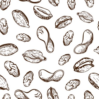 Beyaz üzerine izole edilmiş fındık ve kızarmış patates cipsi deseni. Oymalı vintage tarzında atıştırmalık arka plan. Bira aperatiflerinin çizimi. Fıstık, fıstık, patates cipsi, duvar kağıdı.