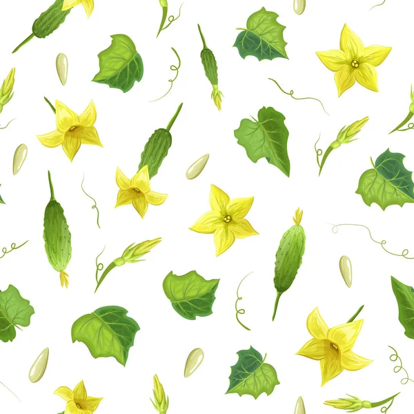 Beyaz üzerinde sarı çiçekler, yapraklar ve tohumlar olan kusursuz salatalık deseni. Olgun salatalık meyvesi sonsuz vektör arkaplanı. Sağlıklı gıda çizimi. Gerçekçi sebzeler. Yaz eko tasarımı için