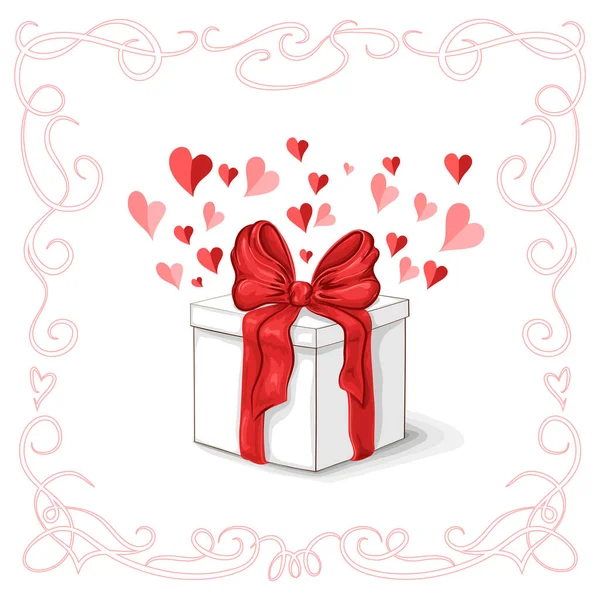 Greeting card template. white gift box tied with red ribbon and lush bow, with gentle pink hearts around, and vintage curly frame on white. Great for wedding invitation, valentines day greeting etc — Stock Vector