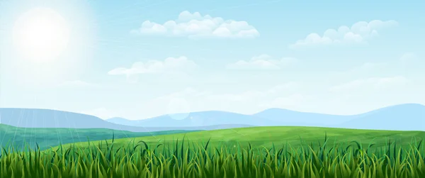 Vector horizontal verde Paisaje de verano. brillante idílico Fondo de primavera con prados verdes, campos rurales y prados, montañas, cielo azul, nubes esponjosas. escena de la naturaleza realista. bandera del campo . — Vector de stock