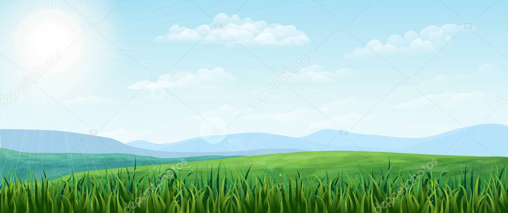 vector horizontal green Summer landscape. bright idyllic Spring background with green meadows, rural fields and meadows, mountains, blue sky, fluffy clouds. realistic nature scene. countryside banner.