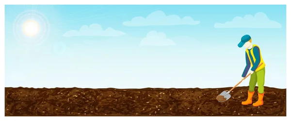 Agricultor en el trabajo con pala en el campo. vector ilustración de compatriota excavación, aflojamiento y fertilización del suelo. campo arado paisaje horizontal con jardinero. cielo rural y tierra de fondo — Archivo Imágenes Vectoriales