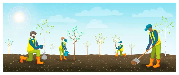Mensen Planten Bomen Bruine Vruchtbare Grond Horizontale Vector Vlakke Illustratie — Stockvector