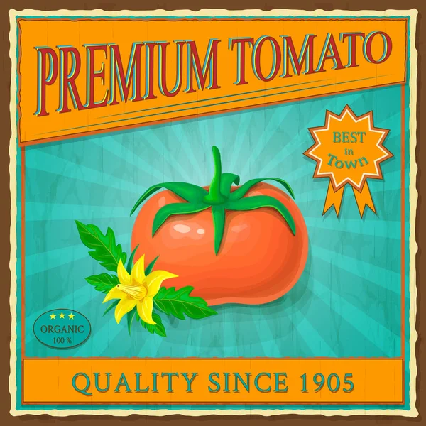 Cartel Publicitario Vintage Tomate Retro Etiqueta Vectorial Pancarta Con Frutos — Vector de stock