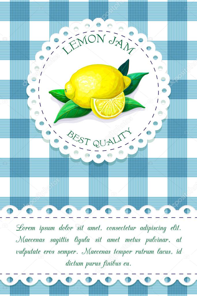 Label with juicy ripe lemon on chequered backdrop in retro country style for product package design. vector blue and white plaid background with citrus fruits. organic food, juice, jam badge template.