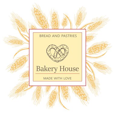 Fırın, pastane etiketi, logo, buğday kulaklı broşür çelenk, simit ve harf. fırın arka planı. Vektör el çizimi çizimi çizimi. Fırın için pankart, ekmek paketleme tasarımı.