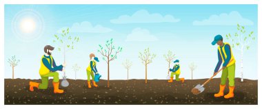 people planting trees in brown fertile soil. horizontal flat illustration. teenagers or volunteers is seeding and watering sapling in field, garden or park. springtime work. Arbor Day banner clipart